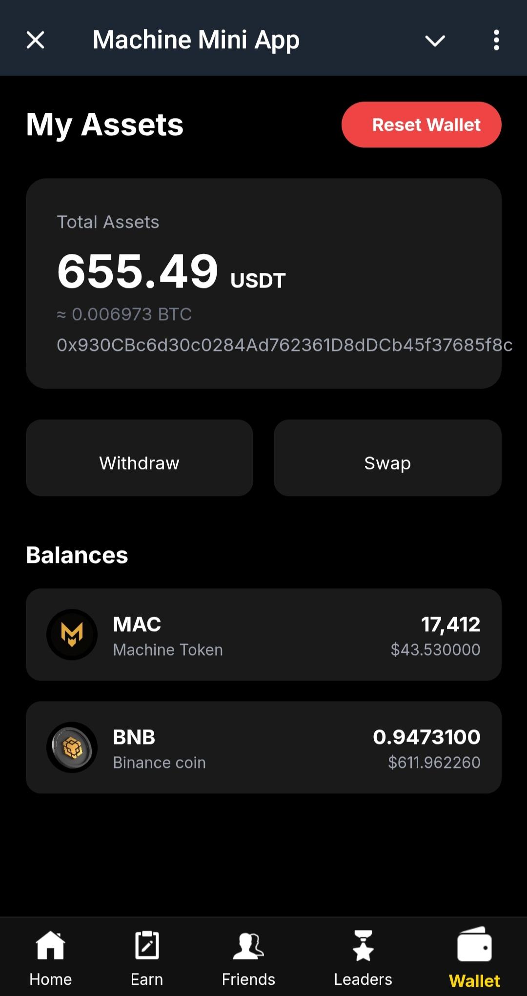 Machine App Telegram crypto withdrawal proof screenshot